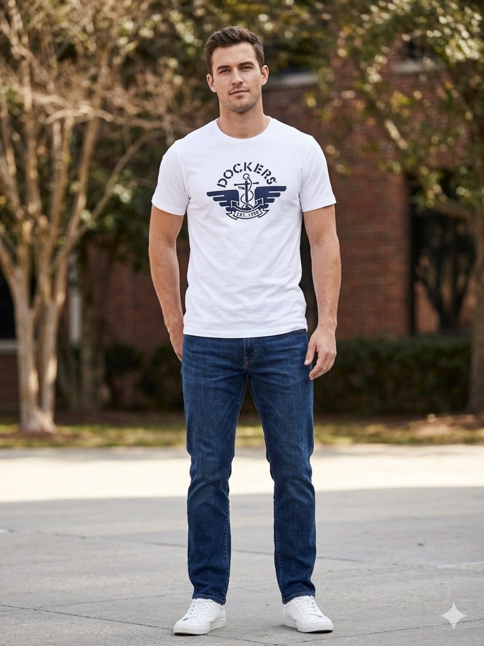Dockers White Short-Sleeve Tee with Navy Anchor Graphict. Size S